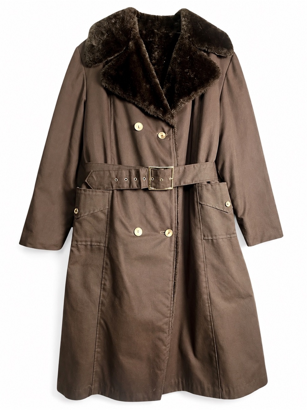 Vintage 1950s Brown Faux Fur Collar Belted Winter Coat Women L